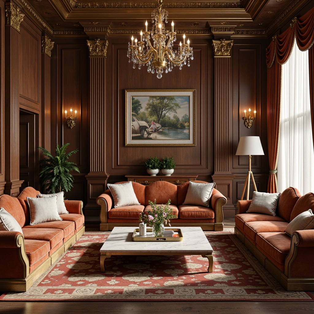 Prompt: Elegant living room, neoclassical furniture, ornate carvings, gilded details, velvet upholstery, rich wood tones, marble coffee tables, crystal chandeliers, luxurious drapes, classical columns, symmetrical compositions, subtle color palette, warm golden lighting, shallow depth of field, 1/1 composition, realistic textures, ambient occlusion.