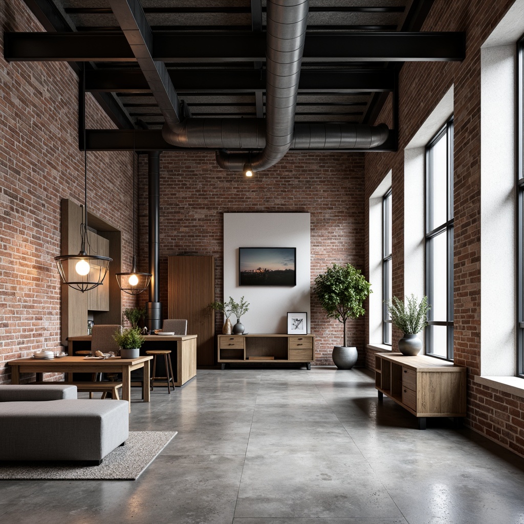 Prompt: Industrial chic interior, exposed brick walls, polished concrete floors, metal beams, minimalist decor, monochromatic color scheme, geometric shapes, clean lines, functional simplicity, raw materials, natural textures, matte finishes, distressed wood accents, industrial lighting fixtures, Edison bulbs, steel pipes, urban loft atmosphere, high ceilings, open spaces, abundant natural light, softbox lighting, shallow depth of field, 1/1 composition, realistic render.