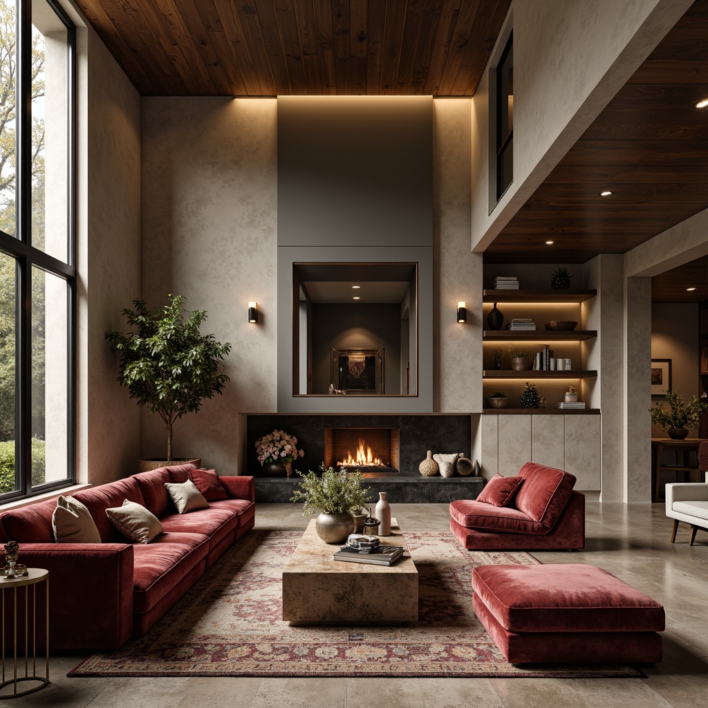 Prompt: Luxurious living room, rich velvet fabrics, smooth marble countertops, reclaimed wood accents, plush area rugs, metallic lighting fixtures, matte finish walls, natural stone fireplaces, soft warm lighting, cozy atmosphere, shallow depth of field, 1/1 composition, realistic textures, ambient occlusion.