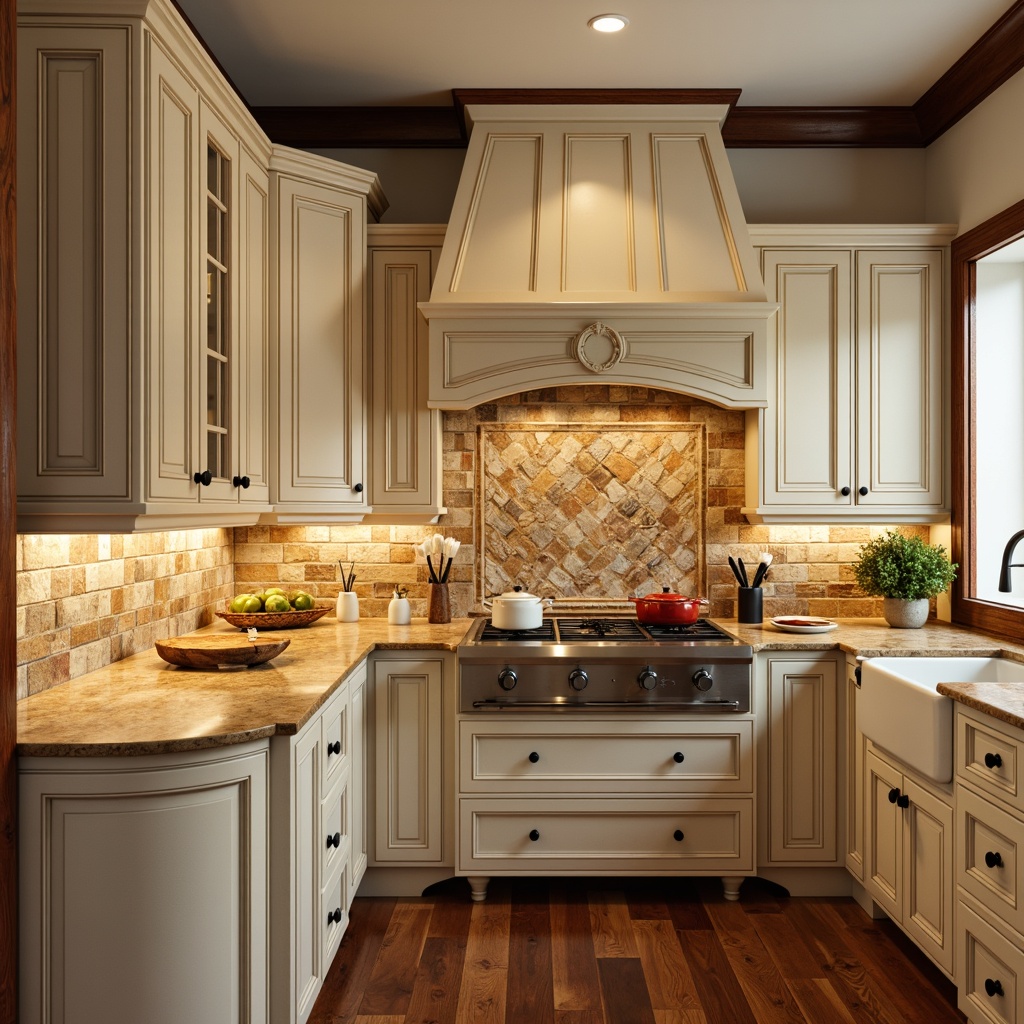 Prompt: Traditional kitchen backsplash, warm earthy tones, natural stone tiles, rustic brick patterns, creamy white cabinets, ornate wooden trim, rich dark wood flooring, soft golden lighting, subtle texture variations, 1/2 composition, shallow depth of field, realistic reflections, ambient occlusion, classic traditional style, elegant decorative accents, intricate ceramic designs, warm beige countertops.