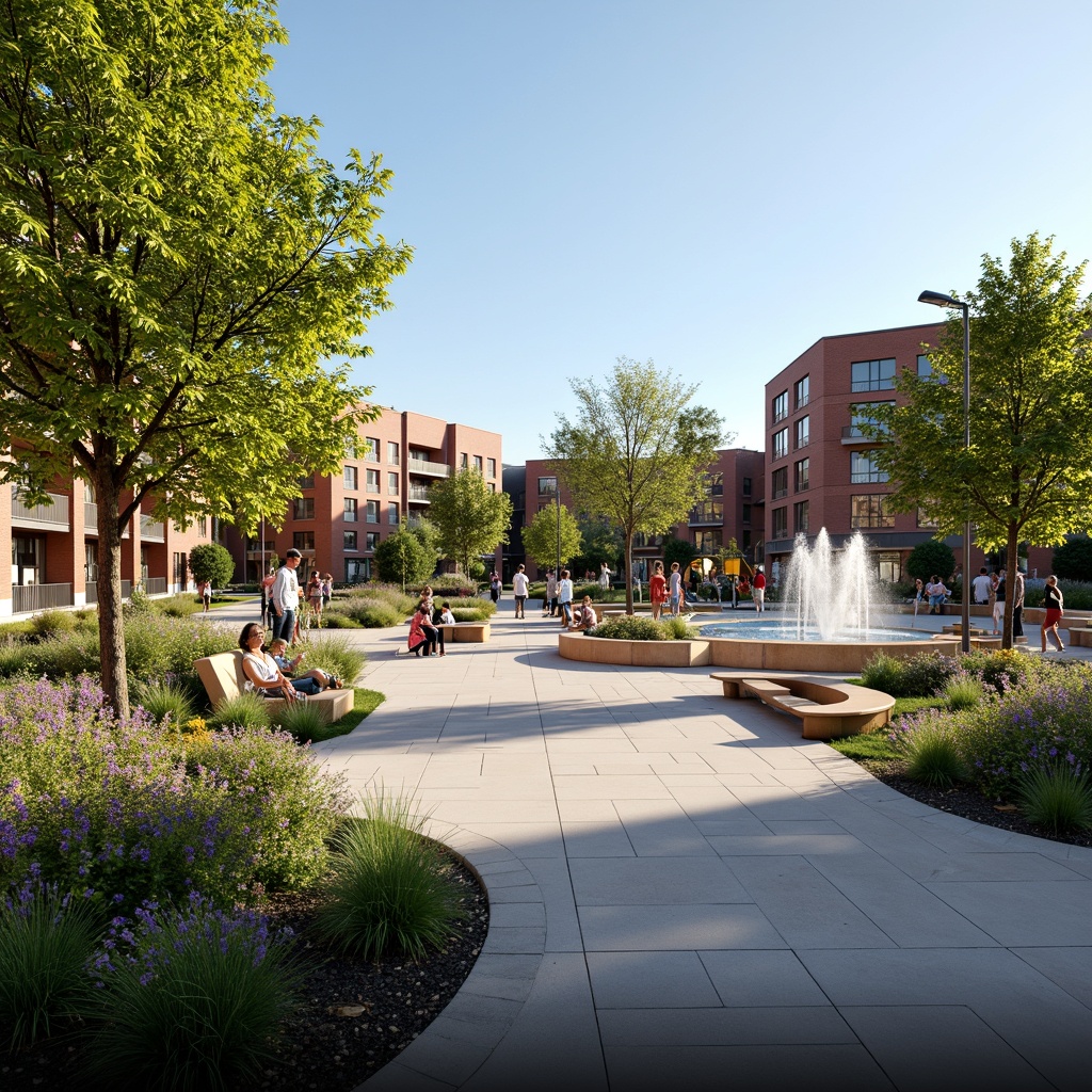 Prompt: Vibrant community plaza, lush greenery, public art installations, interactive fountains, outdoor amphitheater, wooden benches, modern streetlights, urban landscape, bustling atmosphere, sunny day, soft warm lighting, shallow depth of field, 3/4 composition, panoramic view, realistic textures, ambient occlusion.