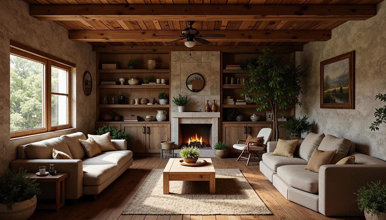 Prompt: Earthy tone, natural materials, wooden accents, exposed beams, stone walls, warm lighting, earthy reds, mossy greens, weathered wood tones, vintage metal fixtures, distressed finishes, cozy textiles, woven baskets, organic shapes, nature-inspired patterns, soft warm glow, shallow depth of field, 2/3 composition, rustic atmosphere.