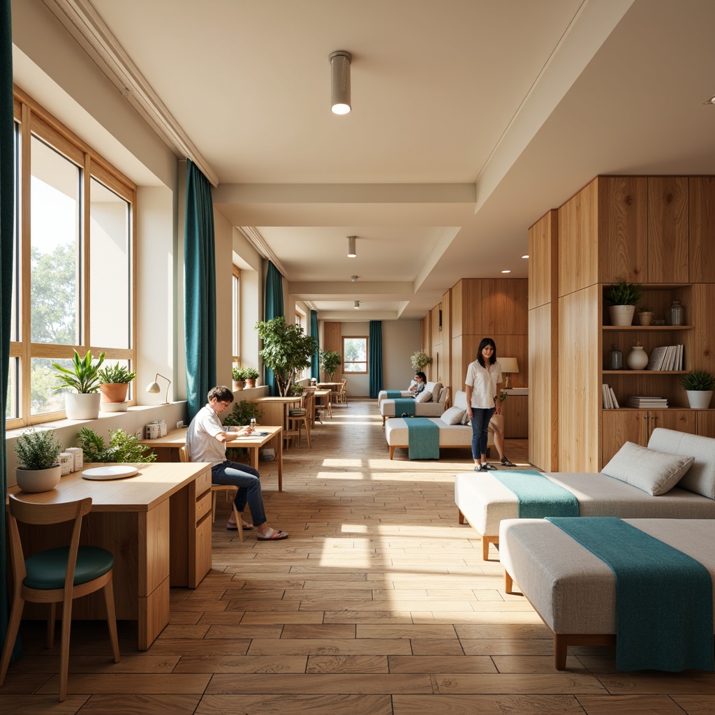 Prompt: Cozy dorm rooms, warm beige walls, comfortable furnishings, soft pastel hues, calming blue accents, natural wood tones, earthy brown floors, vibrant greenery, lively corridor spaces, collaborative study areas, modern minimalist decor, subtle texture patterns, warm overhead lighting, 1/2 composition, shallow depth of field, realistic rendering.