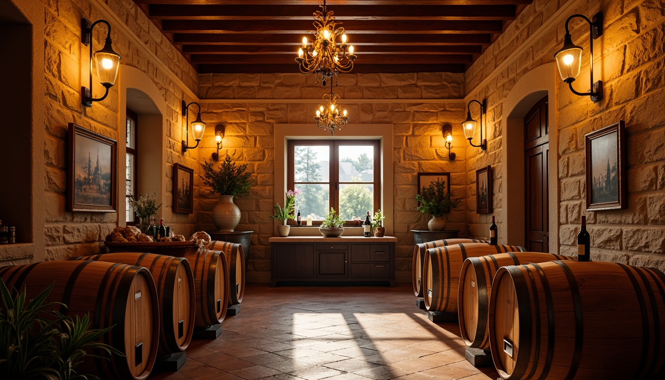 Prompt: Warm winery ambiance, rustic wooden barrels, vintage wine-making equipment, dimmable pendant lamps, soft warm lighting, golden hour glow, elegant chandeliers, ornate metalwork, classic stone walls, arched windows, terracotta flooring, rich wood accents, earthy color palette, subtle shadows, high contrast ratio, 1/2 composition, dramatic spotlighting, cinematic atmosphere, realistic wine bottles, aged wooden crates.