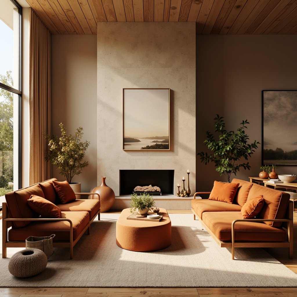 Prompt: Cozy living room, earthy tones, warm beige walls, rich walnut wood furniture, plush velvet sofas, golden lighting, soft cream-colored rugs, natural stone fireplace, modern minimalist decor, autumnal color scheme, burnt orange accents, moss greenery, warm terracotta pottery, inviting ambiance, relaxing atmosphere, shallow depth of field, 1/1 composition, realistic textures, ambient occlusion.