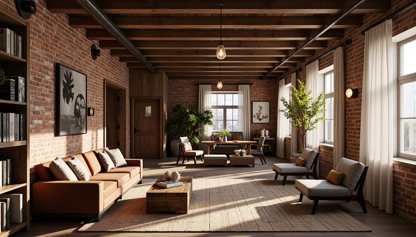 Prompt: Rustic loft interior, exposed brick walls, wooden beams, industrial metal fixtures, reclaimed wood furniture, plush velvet sofas, vintage leather armchairs, distressed wooden coffee tables, woven jute rugs, pendant lamps, Edison bulbs, natural linen curtains, earthy tone color palette, cozy reading nooks, built-in wooden shelving, minimal ornamentation, warm ambient lighting, shallow depth of field, 2/3 composition, realistic textures, subtle specularity.