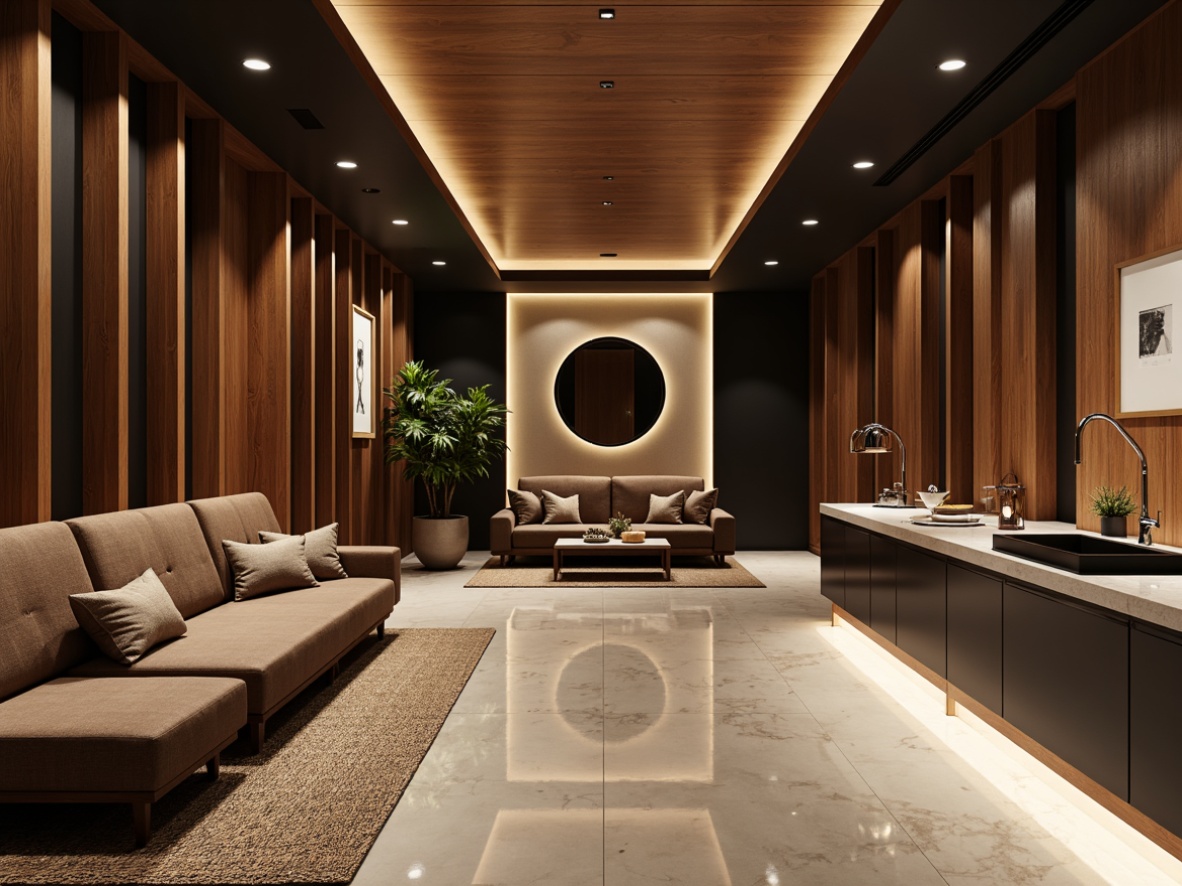 Prompt: Luxurious modern interior, streamline Moderne style, rich wood accents, polished chrome fixtures, soft velvety upholstery, matte black surfaces, creamy marble countertops, textured woven rugs, ambient warm lighting, 1/1 composition, shallow depth of field, realistic reflections, subtle gradient effects.