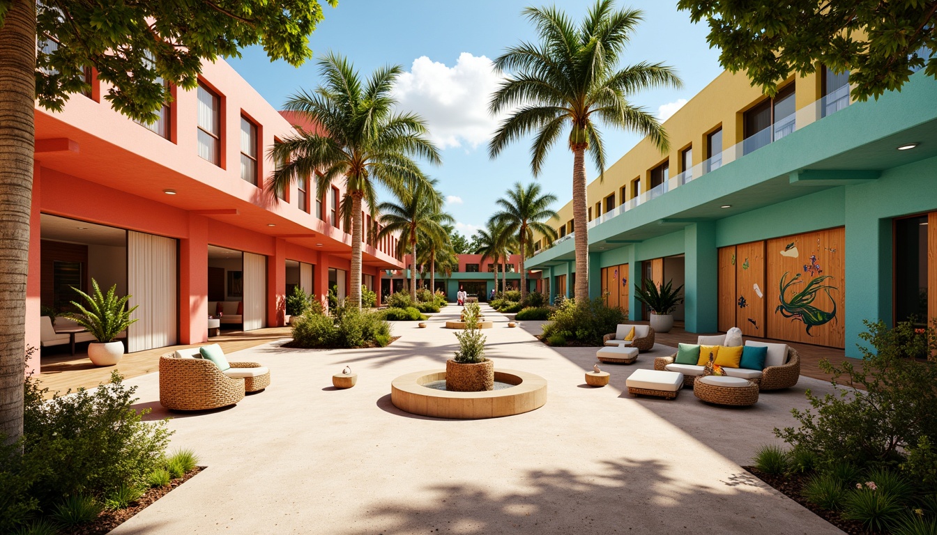 Prompt: Vibrant community center, tropical style architecture, bright coral walls, turquoise accents, lush greenery, palm trees, natural wood tones, woven rattan furniture, colorful tiki torches, warm sandy floors, ocean-inspired murals, sunny day, soft warm lighting, shallow depth of field, 3/4 composition, panoramic view, realistic textures, ambient occlusion.