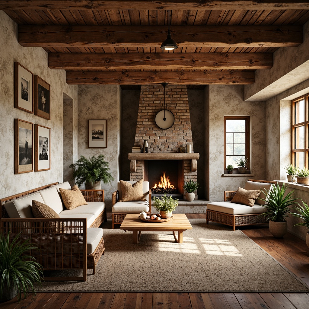 Prompt: Rustic farmhouse, reclaimed wood accents, natural stone walls, earthy color palette, woven wicker furniture, vintage metal decor, potted greenery, distressed wooden beams, exposed brick, cozy nooks, plush textiles, organic patterns, soft warm lighting, shallow depth of field, 1/1 composition, realistic textures, ambient occlusion.