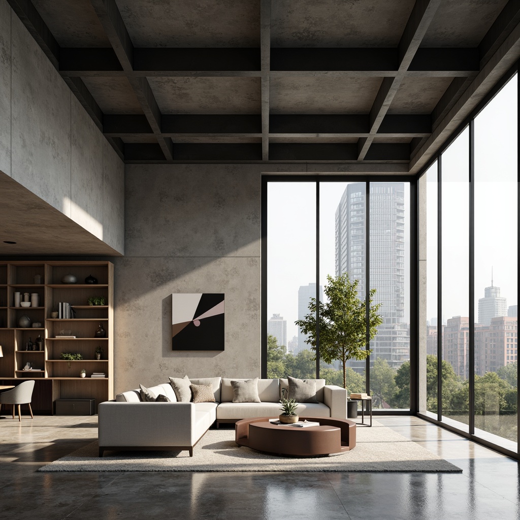 Prompt: Minimalist living room, industrial chic decor, monochromatic color scheme, polished concrete floors, steel beams, geometric furniture, functional shelving units, sleek coffee tables, abstract artwork, abundant natural light, large windows, sliding glass doors, urban city views, soft warm lighting, shallow depth of field, 3/4 composition, realistic textures, ambient occlusion.