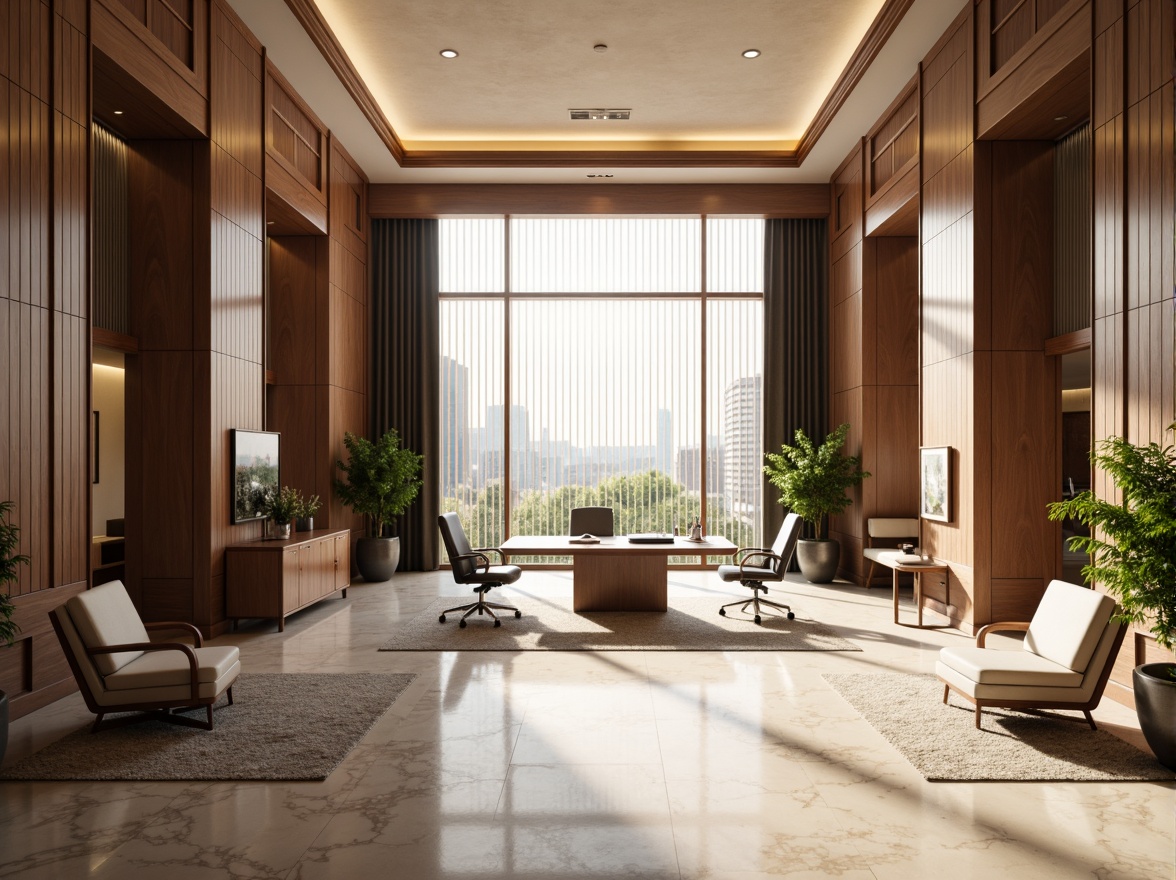 Prompt: Luxurious office interior, rich wood paneling, ornate moldings, creamy marble floors, sleek metallic accents, minimalist desks, ergonomic chairs, floor-to-ceiling windows, natural light pouring in, soft warm glow, ambient occlusion, 1/1 composition, shallow depth of field, realistic textures, modern sophistication, neutral color palette, subtle patterned rugs, plush upholstery, refined conference rooms, executive offices, collaborative workspaces, state-of-the-art technology integration.