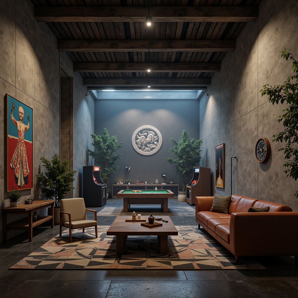 Prompt: Rustic game room, brutalist concrete walls, industrial metal beams, distressed wood furniture, vintage gaming consoles, retro arcade machines, minimalist coffee tables, sleek leather sofas, abstract geometric rugs, moody dim lighting, dramatic shadows, atmospheric fog effects, cinematic camera angles, 1/1 composition, realistic textures, ambient occlusion.