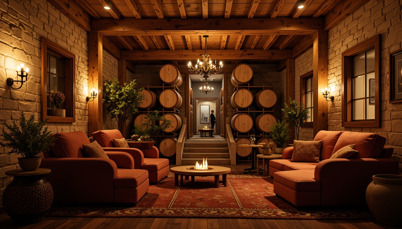 Prompt: Warm winery interior, rustic wooden barrels, vintage wine-making equipment, earthy stone walls, dimmed warm lighting, soft candlelight, ambient glow, cozy seating areas, plush velvet sofas, rich wood tones, ornate metal chandeliers, intimate atmosphere, relaxed mood, gentle shadows, subtle color palette, natural textiles, organic shapes, curved lines, sophisticated ambiance, golden hour lighting, shallow depth of field, 1/1 composition, realistic reflections.