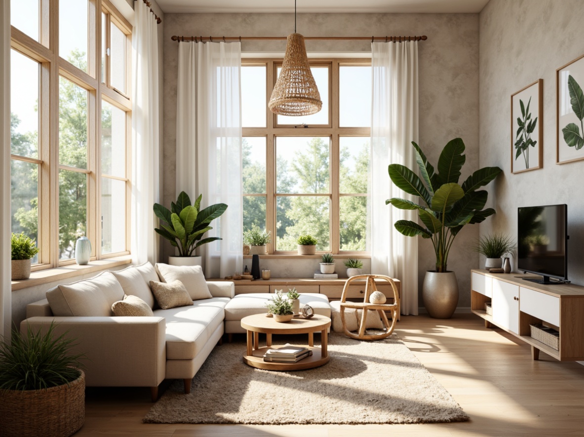 Prompt: Cozy living room, minimalistic decor, light wood tones, creamy white walls, large windows, soft natural light, sheer curtains, pendant lamps, woven textiles, rattan furniture, botanical prints, lush greenery, industrial chic accents, exposed brick walls, modern Nordic architecture, warm beige colors, subtle patterns, organic shapes, airy atmosphere, shallow depth of field, 1/1 composition, realistic textures.