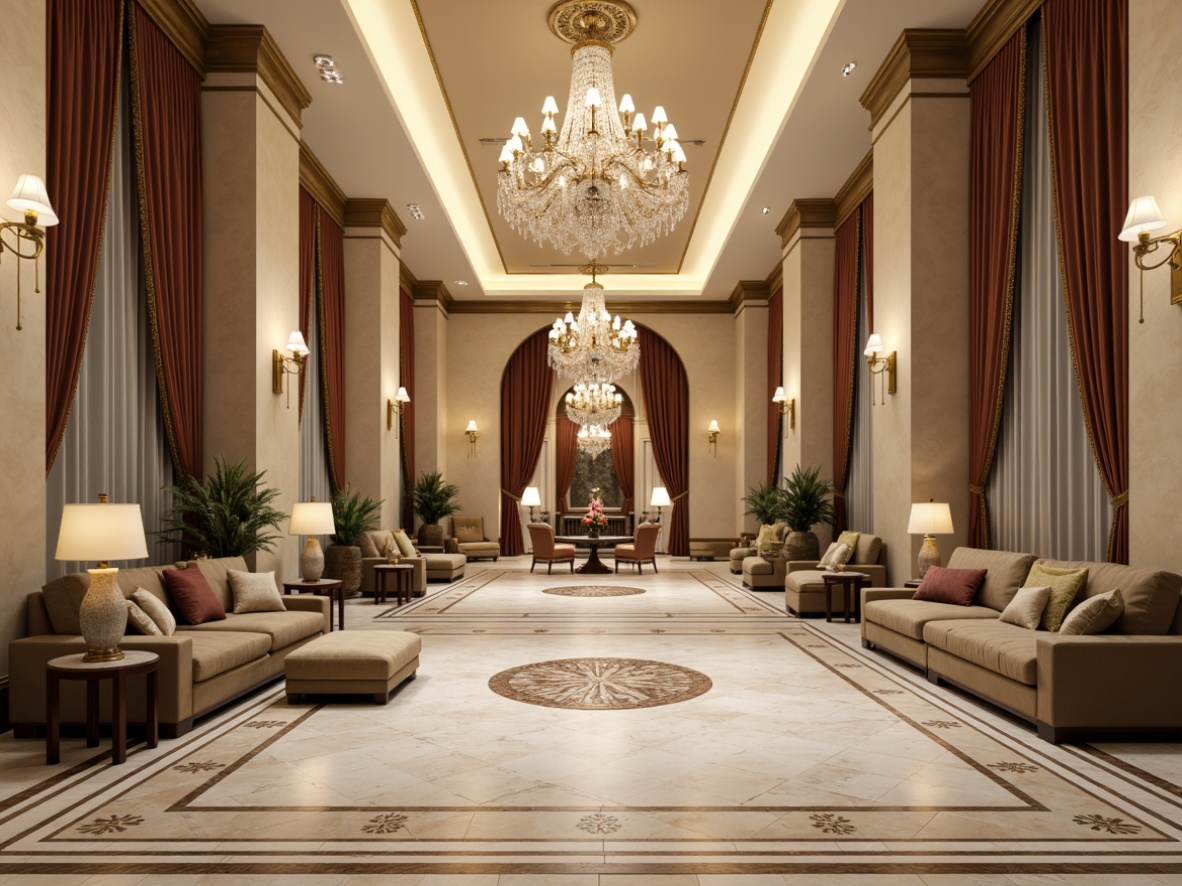 Prompt: Luxurious hotel lobby, high ceilings, grand chandeliers, marble flooring, intricate inlays, ornate patterns, neoclassical columns, elegant furnishings, lavish drapes, rich textiles, warm beige tones, subtle gold accents, sophisticated ambiance, soft diffused lighting, shallow depth of field, 1/1 composition, realistic renderings, ambient occlusion.