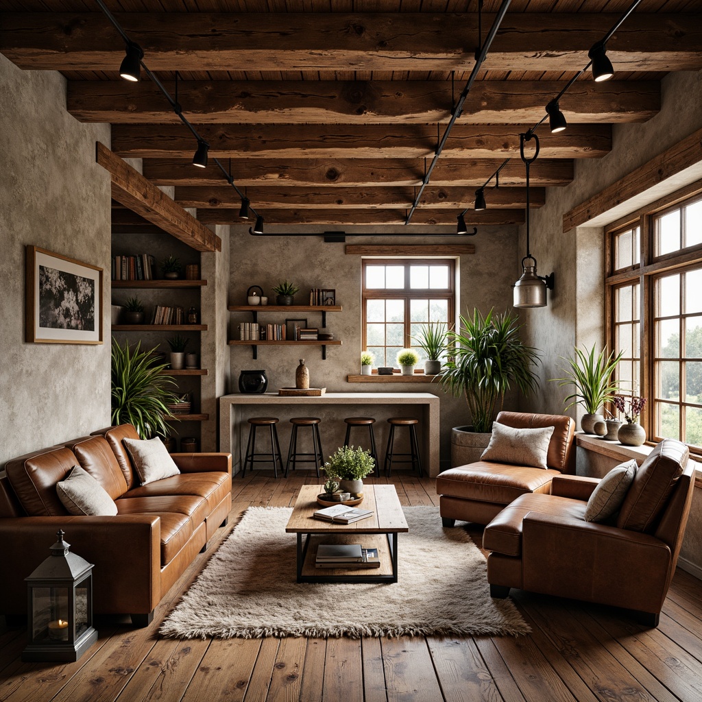 Prompt: Rustic loft interior, exposed wooden beams, reclaimed wood accents, earthy color palette, natural stone walls, industrial metal fixtures, vintage decorative items, cozy reading nooks, plush area rugs, wooden floorboards, distressed leather sofas, vintage metal lanterns, warm soft lighting, shallow depth of field, 1/2 composition, rustic textures, ambient occlusion.