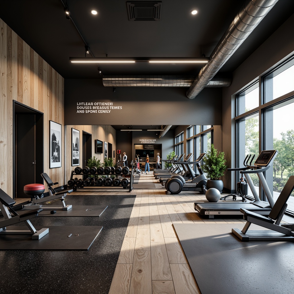 Prompt: Modern home gym, sleek metal equipment, rubber flooring, mirrored walls, motivational quotes, weightlifting platforms, adjustable dumbbells, Olympic weights, exercise benches, foldable treadmills, stationary bicycles, resistance bands, jump ropes, medicine balls, yoga mats, soft ambient lighting, natural wood accents, calming color scheme, minimal clutter, functional layout, efficient workflow, 1/1 composition, shallow depth of field, realistic textures.