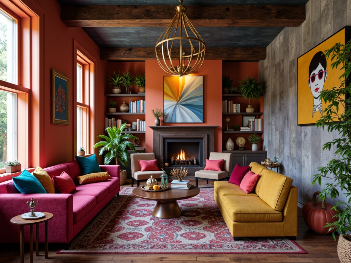 Prompt: Vibrant eclectic space, mixed furniture styles, bold color schemes, patterned rugs, ornate light fixtures, textured walls, mismatched decorative elements, unique art pieces, asymmetrical shelving, playful layout, cozy reading nooks, plush sectionals, velvet pillows, metallic accents, reclaimed wood accents, industrial-chic decor, modern abstract artwork, eclectic accessories, whimsical touches, warm ambient lighting, shallow depth of field, 1/2 composition, realistic textures, subtle animations.