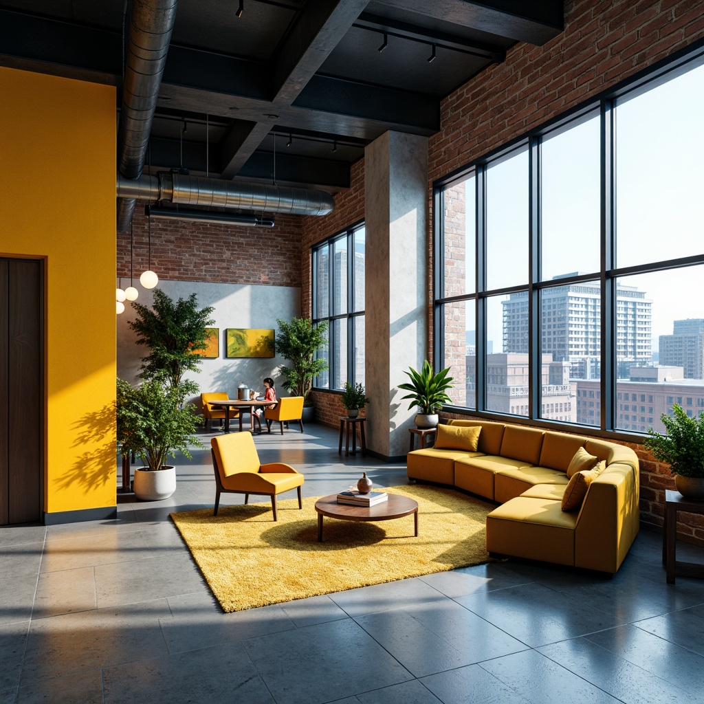 Prompt: Vibrant startup office, modern industrial decor, exposed brick walls, polished concrete floors, minimalist furniture, bold accent colors, energetic yellow tones, deep blues, contrasting whites, urban cityscape views, floor-to-ceiling windows, natural light, warm atmospheric lighting, 1/2 composition, cinematic angles, realistic textures, ambient occlusion.