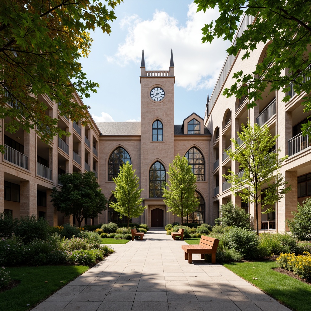 Prompt: Tranquil university campus, lush green quadrangle, majestic clock tower, elegant stone columns, ornate Gothic arches, stained glass windows, warm natural lighting, soft sunbeams, wooden benches, vibrant flower arrangements, modern educational facilities, sleek metal railings, intricate stonework patterns, ambient occlusion, shallow depth of field, 3/4 composition, panoramic view, realistic textures.