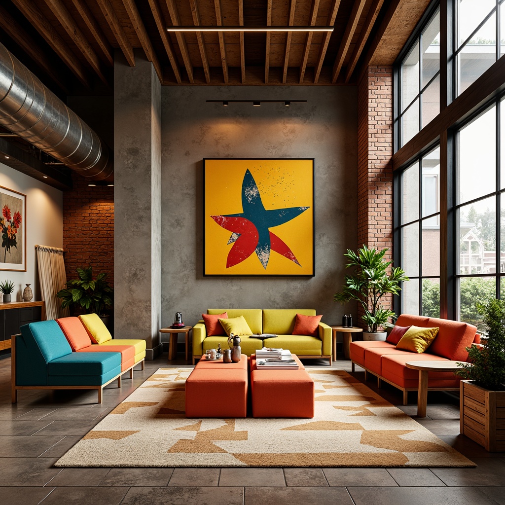 Prompt: Vibrant Bauhaus interior, bold primary colors, geometric patterns, industrial materials, exposed brick walls, polished metal accents, minimalist decor, functional furniture, abstract artwork, natural textiles, earthy tones, warm ambient lighting, shallow depth of field, 2/3 composition, realistic textures, ambient occlusion.