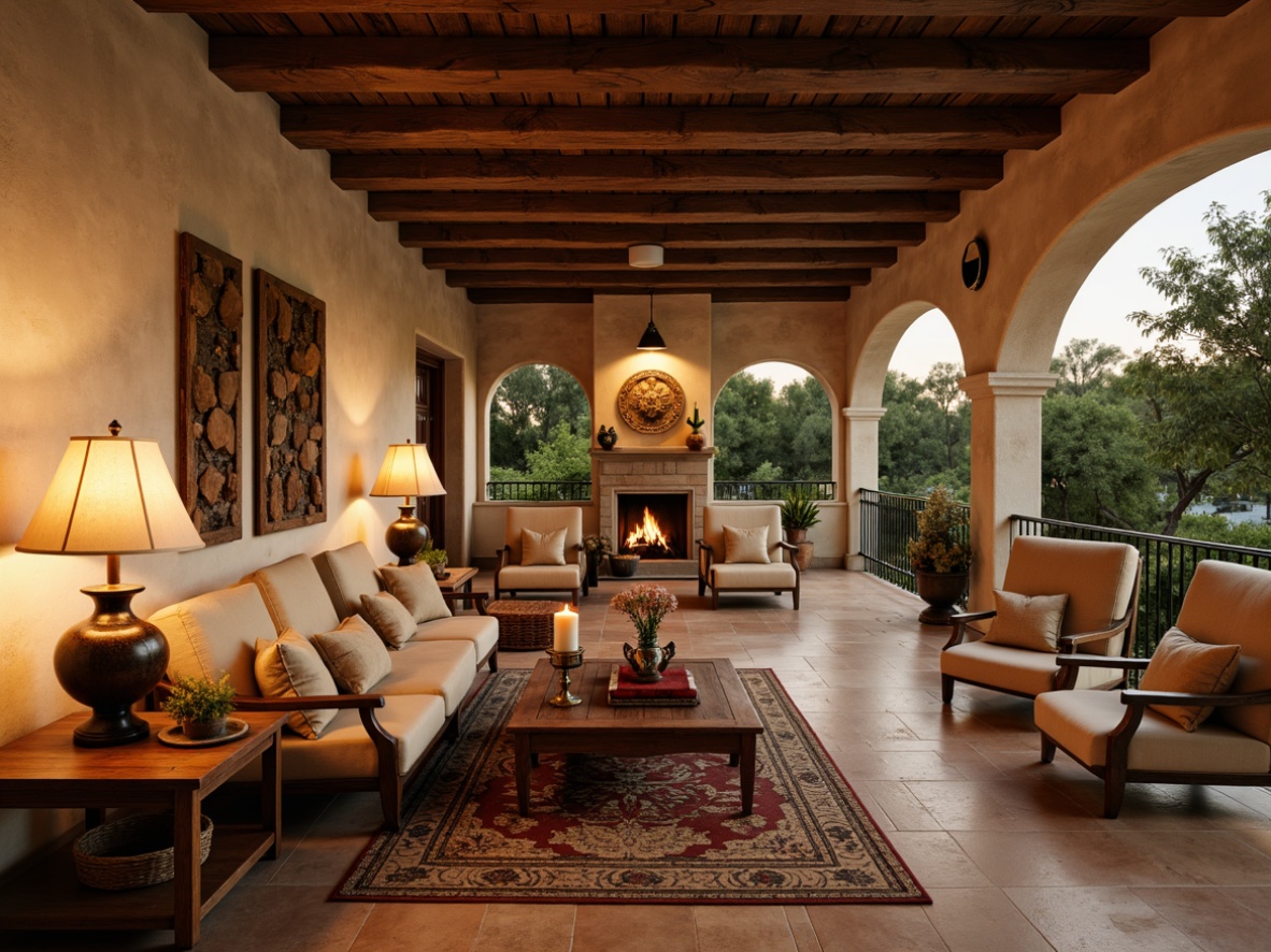 Prompt: Warm Mediterranean villa, rustic stone walls, wooden beam ceilings, ornate tiles, arched windows, soft warm lighting, table lamps with linen shades, pendant lights with wrought iron details, candles in mercury glass holders, natural fiber rugs, distressed wood furniture, vintage decor accents, earthy color palette, subtle texture variations, ambient occlusion, realistic reflections, 1/1 composition, shallow depth of field, warm glow, cozy atmosphere.