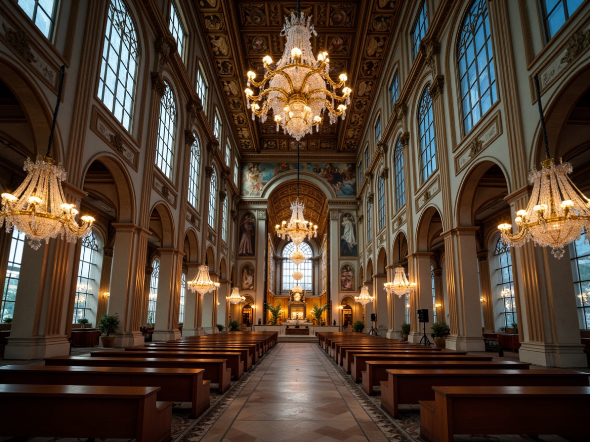 Prompt: Grand cathedral, ornate chandeliers, crystal prisms, golden accents, stained glass windows, intricate mosaics, vaulted ceilings, marble columns, classic arches, ornate frescoes, subtle lighting, warm ambiance, dramatic shadows, soft focus, 1/2 composition, symmetrical framing, realistic textures, ambient occlusion.