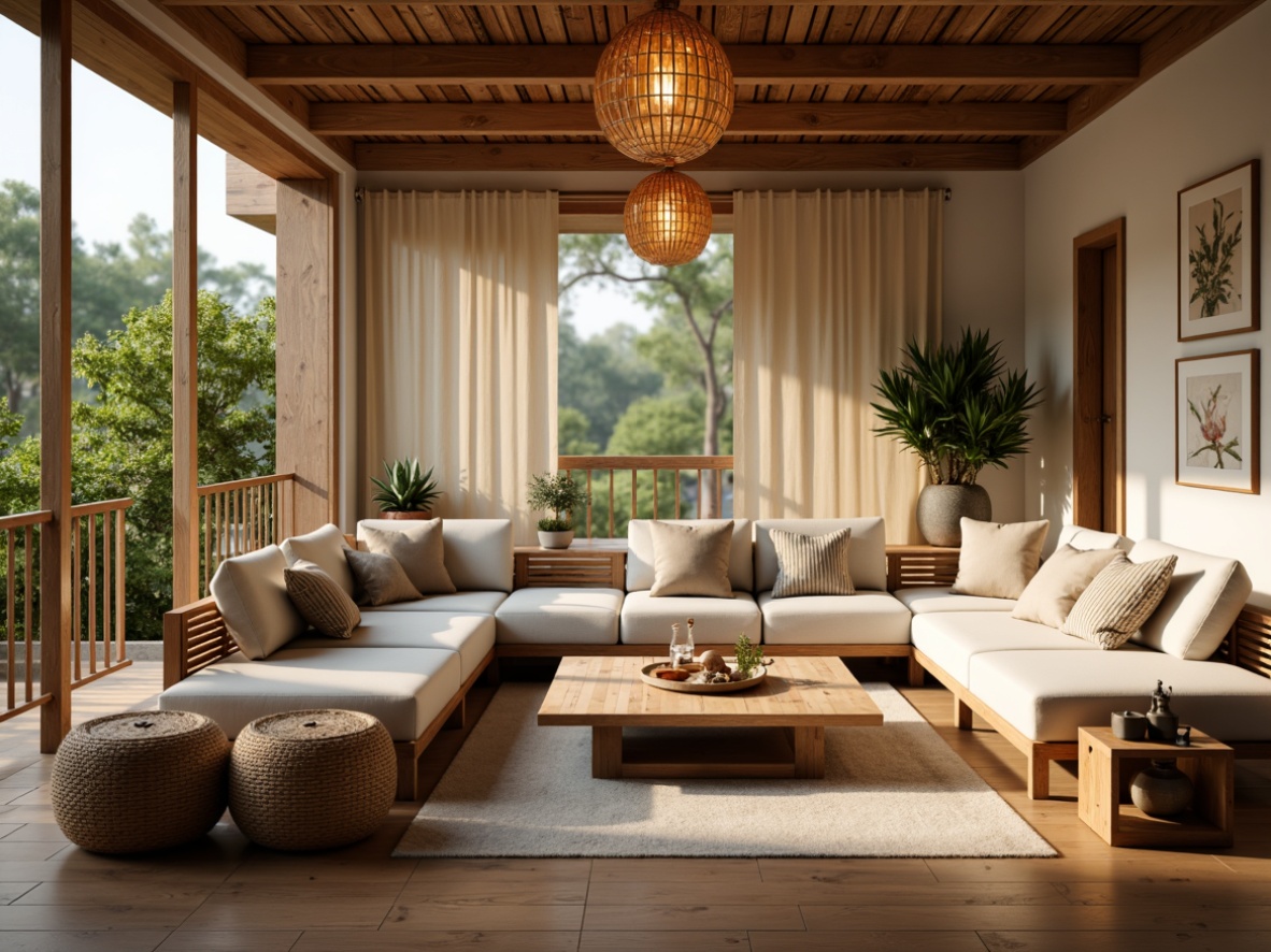 Prompt: Asian-inspired interior design, natural bamboo flooring, woven rattan furniture, recycled paper lanterns, eco-friendly soy-based paint, reclaimed wood accents, sustainable silk fabrics, minimal ornamentation, serene ambiance, soft warm lighting, shallow depth of field, 3/4 composition, realistic textures, ambient occlusion.