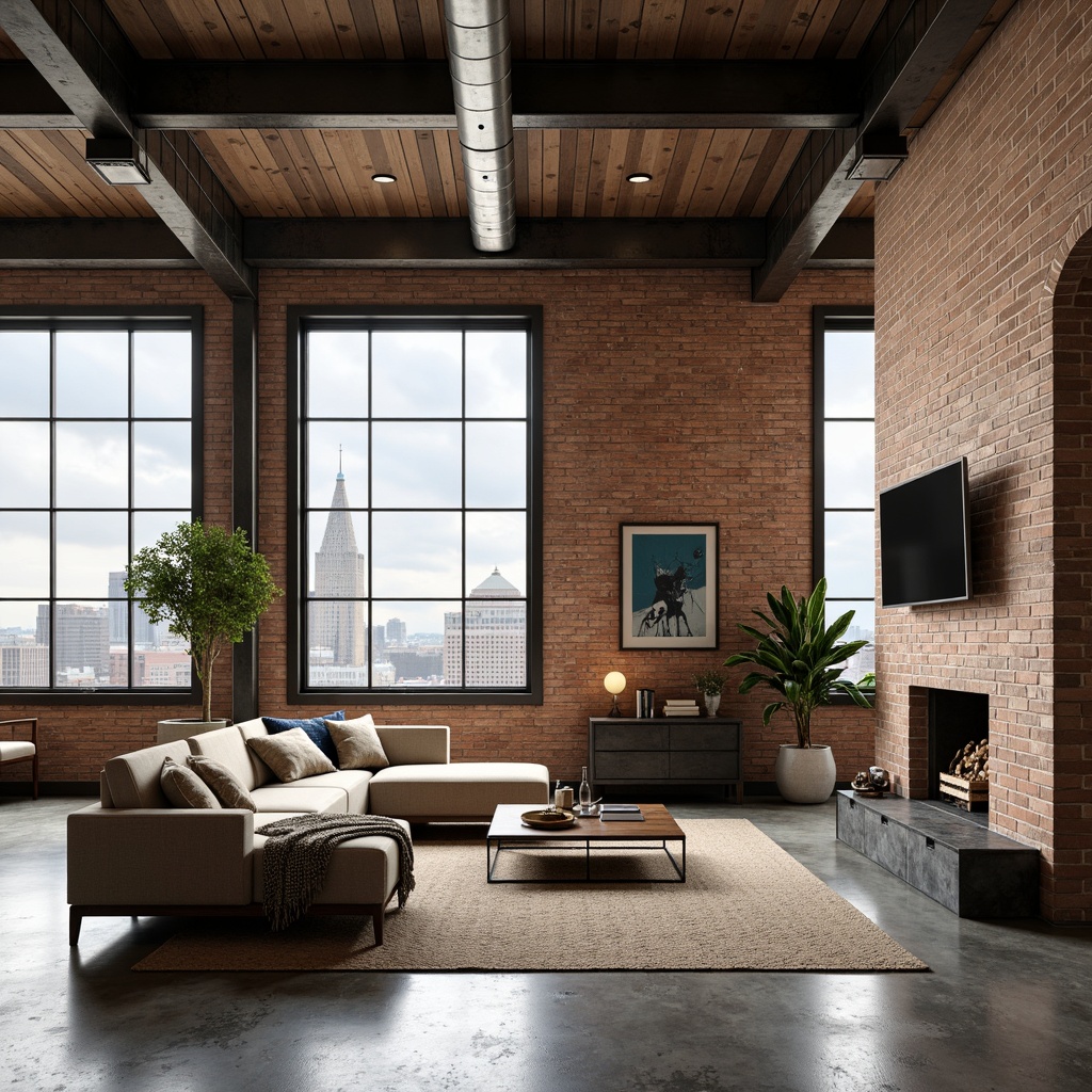 Prompt: Industrial chic loft, exposed brick walls, reclaimed wood accents, metal beams, distressed finishes, earthy tone color palette, warm beige, rich brown, deep gray, soft blue undertones, natural textiles, vintage decor, urban landscape views, large windows, concrete floors, minimalist lighting fixtures, cozy throw blankets, eclectic art pieces, open-plan living area, modern sectional sofas, industrial-style coffee tables, abstract artwork, gritty cityscape.