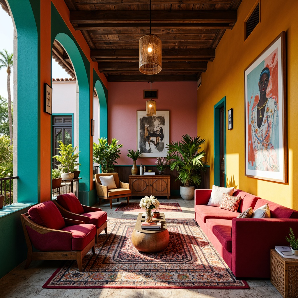 Prompt: Vibrant eclectic interior, bold color blocking, rich turquoise accents, warm golden yellows, deep crimson reds, soft blush pinks, distressed wood textures, vintage velvet fabrics, ornate metal fixtures, Moroccan-inspired tiles, global cultural patterns, abstract artwork, eclectic furniture pieces, lush greenery, natural light pouring in, dramatic shadows, 1/1 composition, realistic render, ambient occlusion.