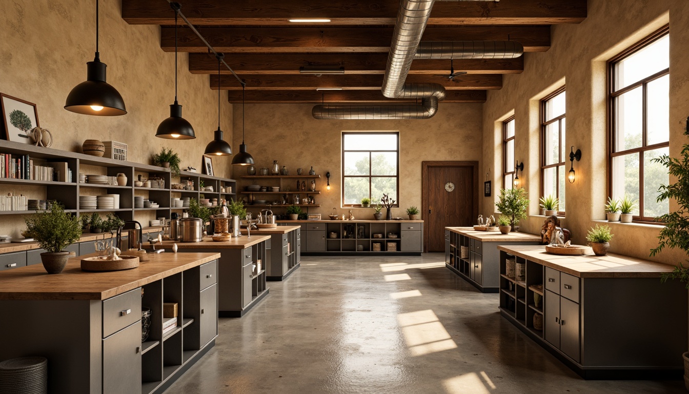 Prompt: Southwestern laboratory interior, warm beige walls, industrial metal tables, modern scientific equipment, rustic wooden accents, pendant light fixtures, matte black shades, Edison bulb filaments, exposed ductwork, polished concrete floors, natural stone countertops, earthy color palette, ambient warm lighting, soft box shadows, 1/2 composition, realistic metallic reflections, subtle gradient maps.