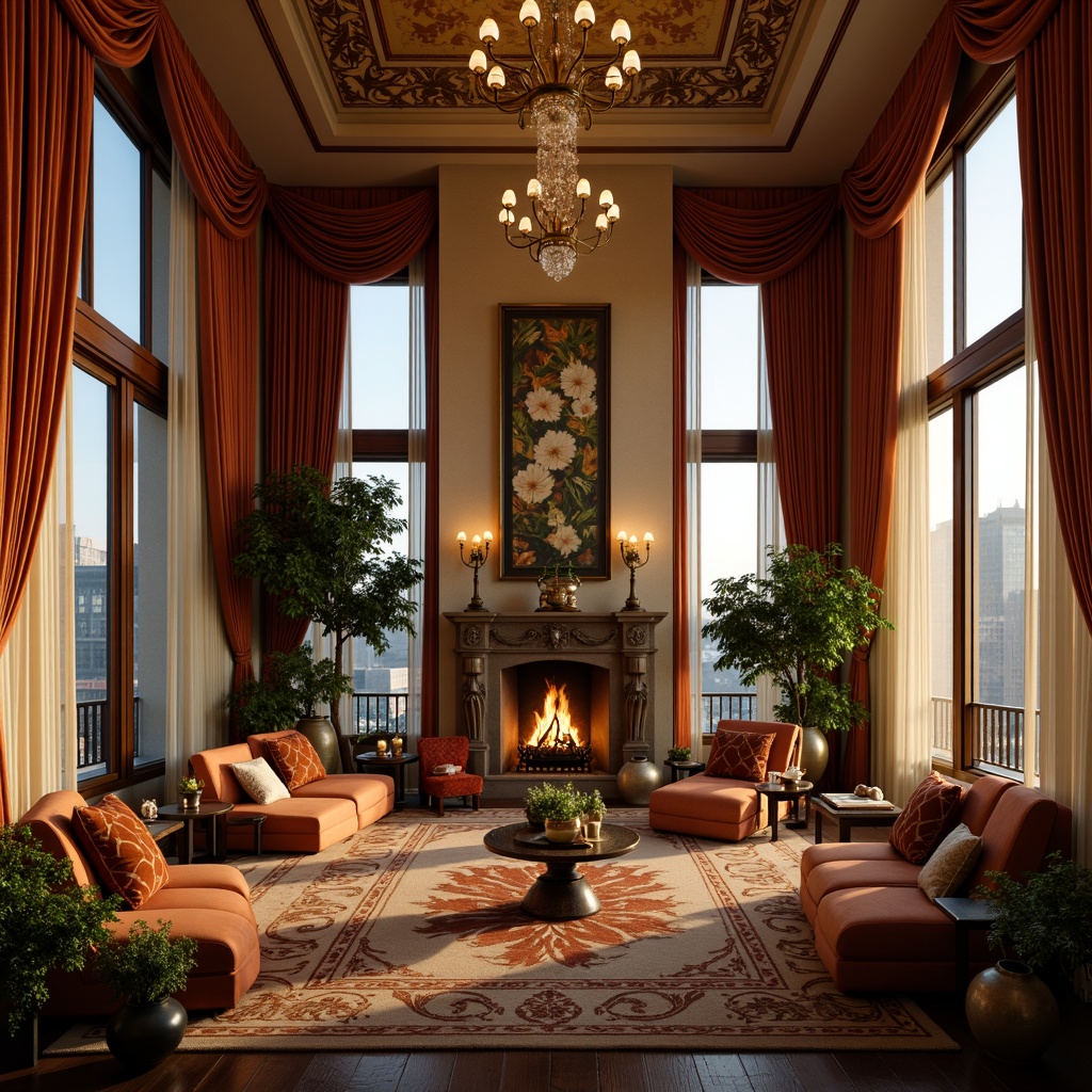 Prompt: Rich velvet drapes, ornate wooden furniture, curved lines, flowing organic shapes, luxurious fabrics, soft golden lighting, warm beige walls, elegant bronze accents, intricate botanical patterns, vintage antique pieces, plush area rugs, subtle earthy tones, moss greenery, whimsical decorative motifs, eclectic artwork, sophisticated 1920s flair, opulent crystal chandeliers, dramatic floor-to-ceiling windows, panoramic city views, romantic evening ambiance, soft focus photography, cinematic composition.