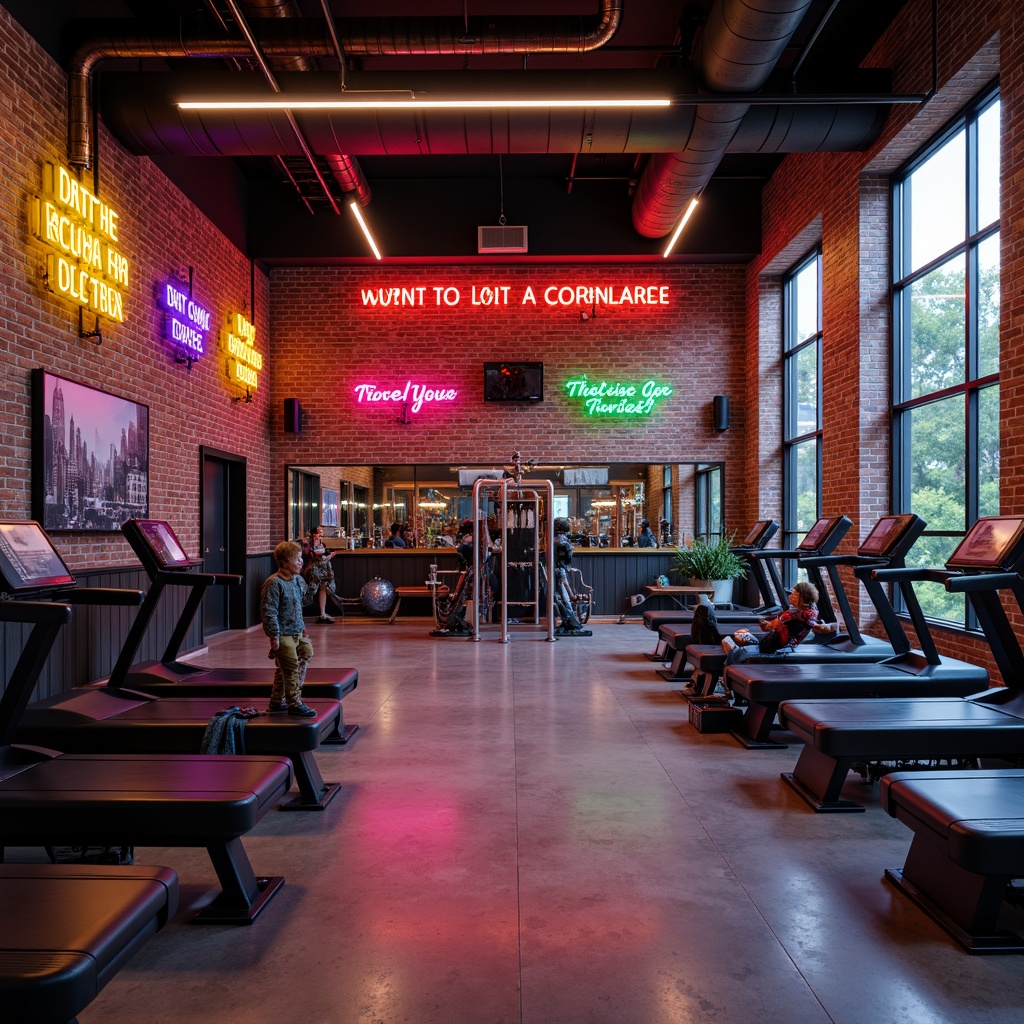 Prompt: Vibrant fitness studio, industrial chic aesthetic, exposed brick walls, metallic equipment, bold color accents, neon signs, dynamic lighting, energetic atmosphere, motivational quotes, sleek flooring, modern architecture, urban landscape, overcast day, softbox lighting, shallow depth of field, 2/3 composition, realistic textures, ambient occlusion.