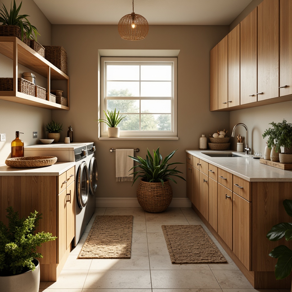 Prompt: Mid-century modern laundry room, warm beige walls, sleek wooden cabinets, vintage-inspired washing machines, retro-style dryers, minimalist chrome fixtures, rounded-edge countertops, woven wicker baskets, natural fiber rugs, abundant greenery, soft warm lighting, 1/2 composition, shallow depth of field, realistic textures, ambient occlusion.