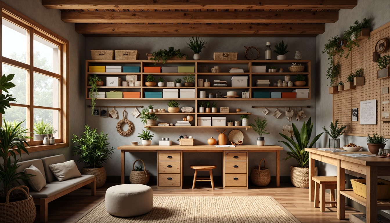 Prompt: Cozy craft room, wooden worktable, built-in shelving units, colorful storage bins, labeled drawers, pegboard with hooks, hanging baskets, woven rug, natural wood accents, soft warm lighting, comfortable seating area, rustic-chic decor, earthy color palette, textured wall finishes, 3/4 composition, realistic textures, ambient occlusion.