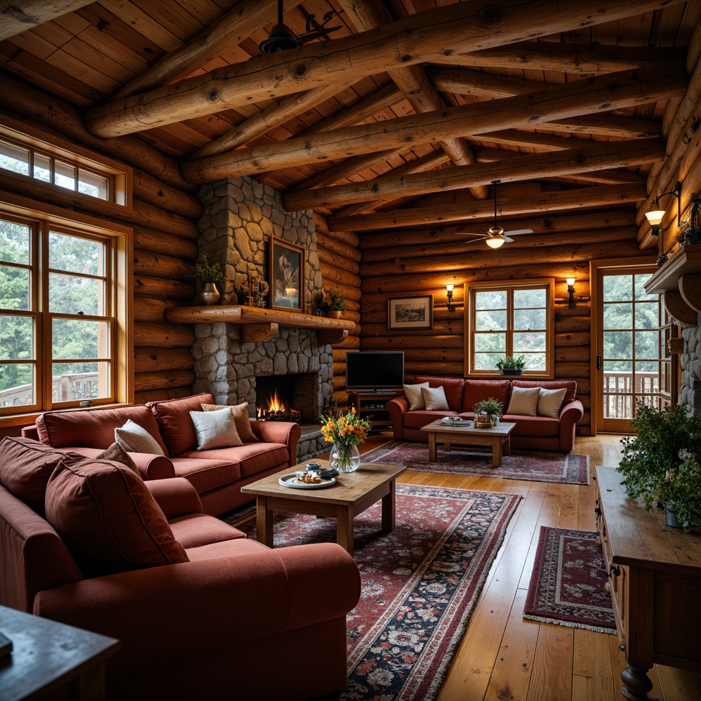 Prompt: Cozy cabin-inspired interior, warm wooden accents, rich walnut tones, handcrafted wooden furniture, ornate carvings, rustic metal fixtures, earthy color palette, natural stone fireplace, plush velvet upholstery, vintage decorative items, traditional craftsmanship, distressed wood finishes, soft warm lighting, shallow depth of field, 1/1 composition, realistic textures, ambient occlusion.