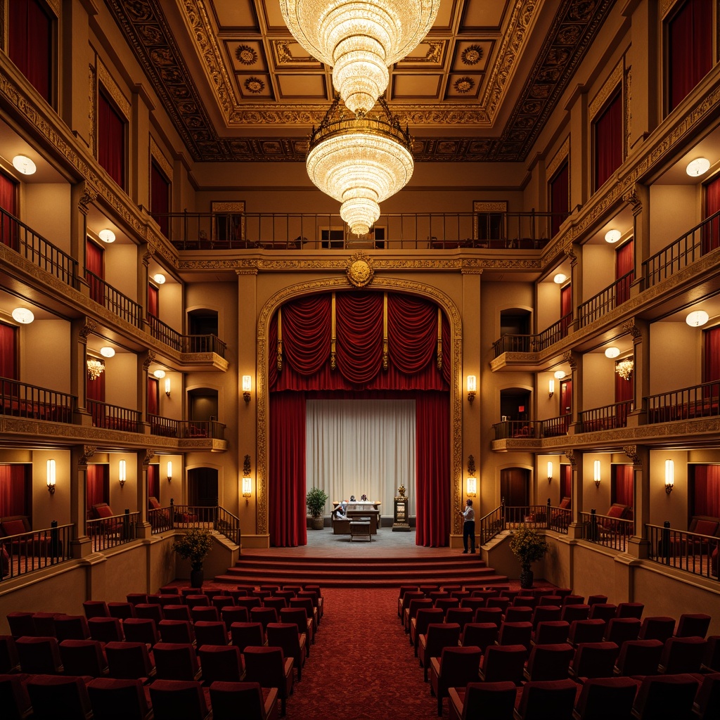 Prompt: Grand auditorium, ornate chandeliers, rich wood paneling, velvet curtains, gilded details, classical columns, intricate moldings, plush red seats, polished brass railings, majestic stage, sweeping balconies, dramatic lighting, warm golden tones, soft diffused light, subtle shadows, 3/4 composition, realistic textures, ambient occlusion.