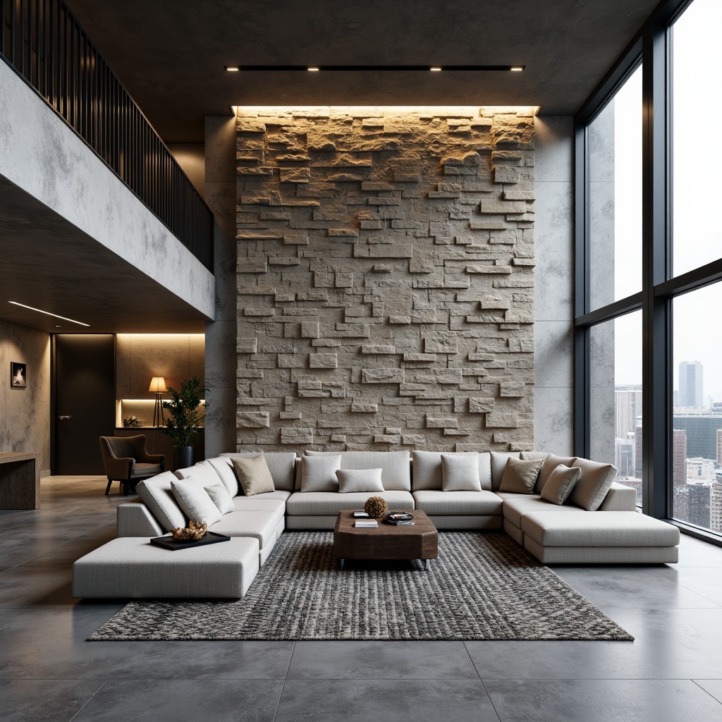 Prompt: Luxurious living room, modern stone wall feature, sleek minimalism, natural grey tones, textured stone patterns, LED ambient lighting, polished concrete floors, comfortable sectional sofas, industrial-chic metal decor, geometric patterned rugs, floor-to-ceiling windows, urban loft atmosphere, dramatic vertical lines, 1/2 composition, softbox lighting, realistic stone textures, atmospheric fog effects.