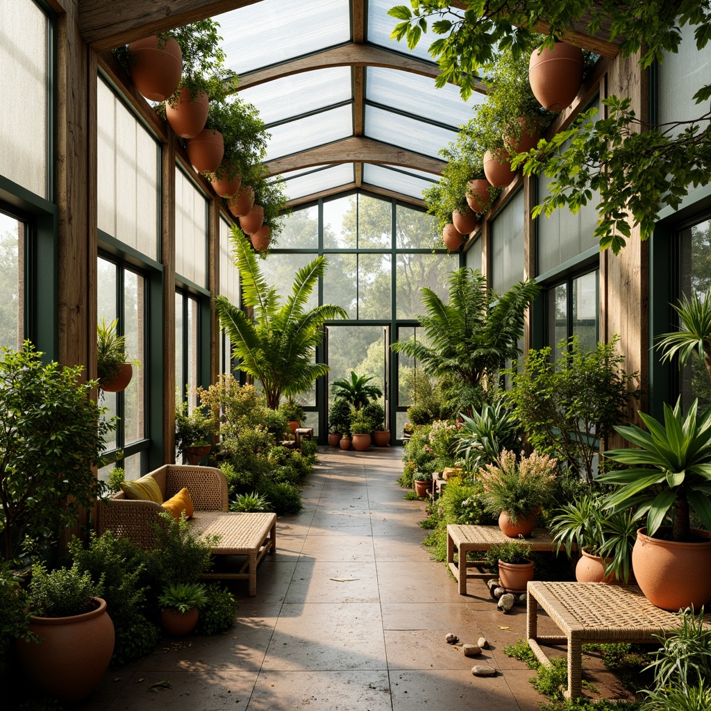 Prompt: Lush greenhouse interior, vibrant greenery, warm natural light, earthy terracotta pots, reclaimed wood accents, rustic metal frames, soft misting system, dewy glass walls, tropical plants, exotic flowers, natural stone flooring, woven rattan furniture, organic textures, calming ambiance, serene atmosphere, 1/1 composition, soft focus, warm color temperature, nature-inspired hues.