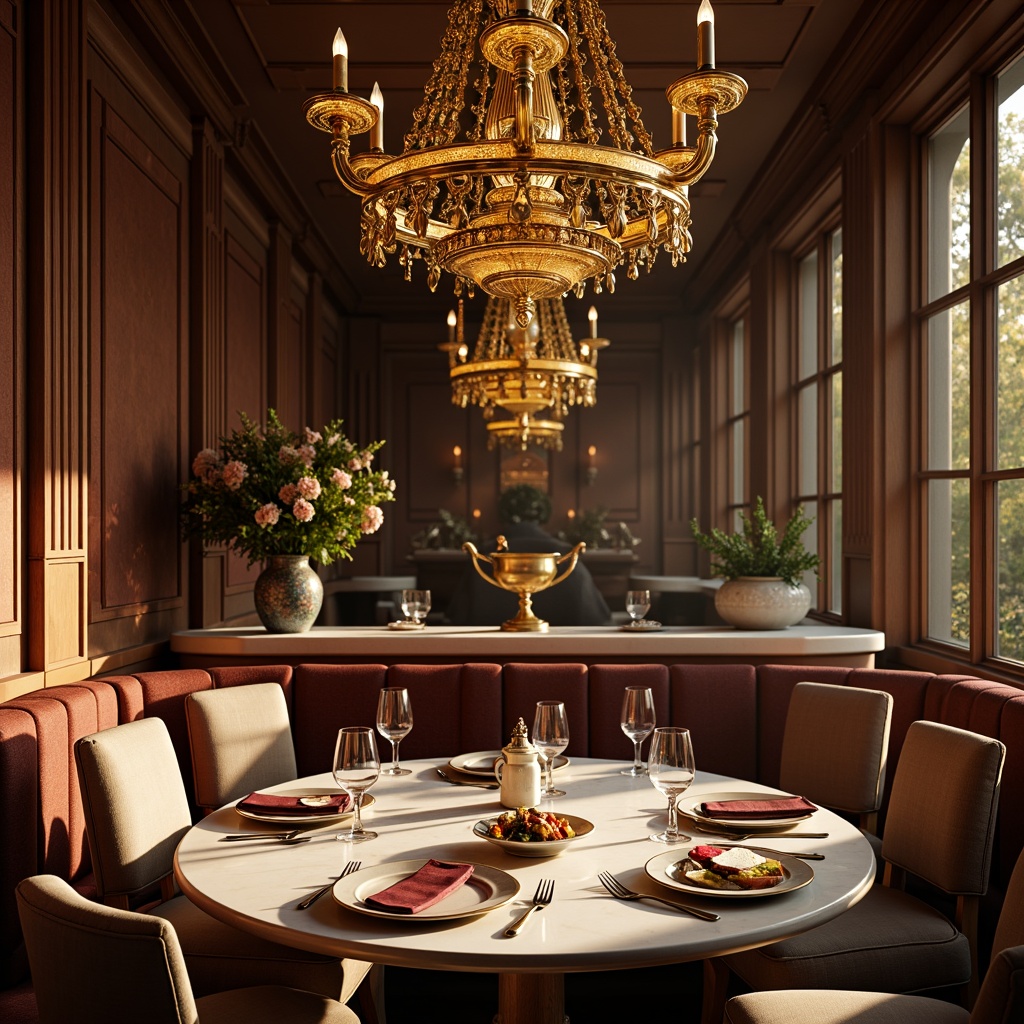 Prompt: Elegant breakfast nook, ornate golden chandeliers, soft warm candlelight, creamy white marble countertops, delicate porcelain vases, intricate carvings, luxurious velvet upholstery, rich wood paneling, subtle morning sunlight, gentle warm glow, 1/2 composition, intimate cozy atmosphere, realistic fabric textures, ambient occlusion.