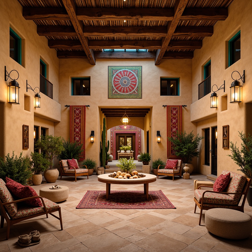 Prompt: Vibrant southwestern patterned stage, adobe-inspired architecture, warm sandy beige tones, turquoise accents, rustic wooden beams, woven textiles, vibrant colorful tapestries, intricate geometric motifs, desert botanicals, cacti plants, lantern-style lighting, soft warm glow, ambient occlusion, shallow depth of field, 3/4 composition, realistic textures, dynamic spotlights, dramatic shadows, Southwestern-inspired props, eclectic furniture pieces, natural stone flooring, earthy scent, warm summer evening ambiance.