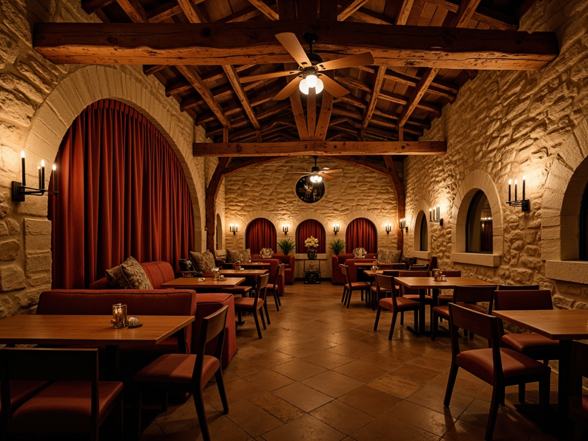 Prompt: Cozy winery interior, warm ambient lighting, rustic wooden accents, vintage wine barrels, soft candlelight, earthy stone walls, rich velvet drapes, intimate seating areas, wine-tasting tables, dimly lit corners, dramatic ceiling heights, ornate metalwork, distressed brick surfaces, warm beige tones, soft focus, shallow depth of field, 1/1 composition, romantic atmosphere, realistic textures, ambient occlusion.