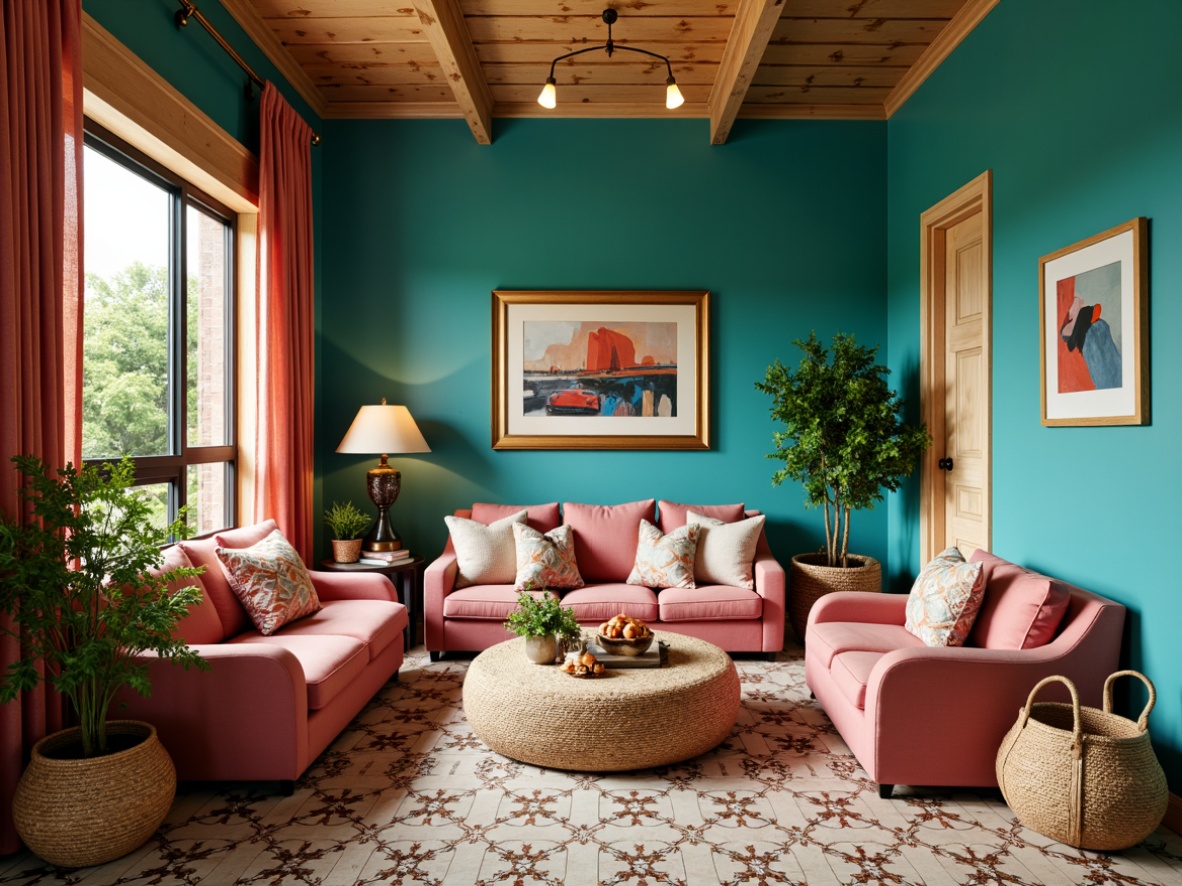 Prompt: Vibrant family room, eclectic style, bold color palette, rich turquoise walls, warm golden accents, soft blush pink furniture, distressed wood textures, plush velvet fabrics, antique bronze lighting fixtures, Moroccan-inspired tile patterns, natural woven baskets, lush greenery, abstract artwork, oversized pillows, cozy reading nook, layered window treatments, dramatic floor lamps, soft warm glow, shallow depth of field, 1/1 composition, realistic textures, ambient occlusion.