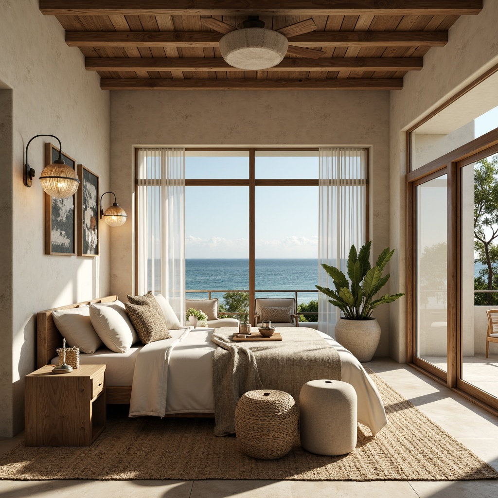 Prompt: Warm coastal ambiance, soft ocean breeze, sandy beige walls, driftwood accents, nautical rope details, calming blue-green hues, glass pendant lights, rustic metal sconces, woven sea grass textures, natural linen fabrics, distressed wood finishes, coral-inspired patterns, subtle wave motifs, cinematic ceiling fixtures, ambient warm lighting, 1/2 composition, shallow depth of field, realistic reflections.