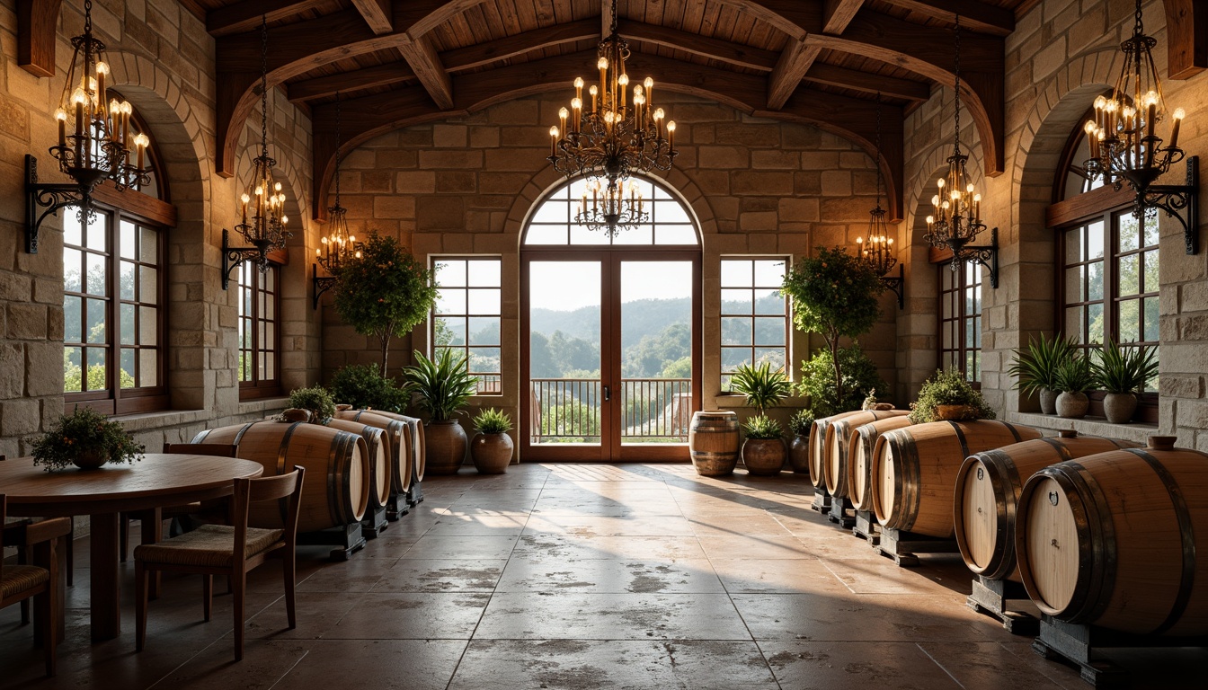 Prompt: Rustic winery estate, vineyard surroundings, rolling hills, wooden wine barrels, stone walls, arched windows, ornate ironwork, elegant chandeliers, rich wood finishes, earthy color palette, natural stone flooring, distressed wooden beams, classic French doors, vintage wine-making equipment, soft warm lighting, atmospheric mist, 1/1 composition, symmetrical framing, realistic textures, subtle ambient occlusion.