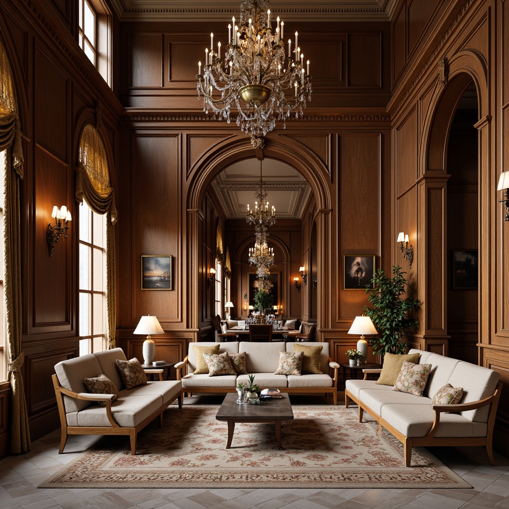 Prompt: Elegant living room, rich wood paneling, ornate mirrors, crystal chandeliers, velvet sofas, carved wooden armchairs, intricate patterns, subtle gold accents, classic columns, archways, marble flooring, soft warm lighting, shallow depth of field, 2/3 composition, realistic textures, ambient occlusion.