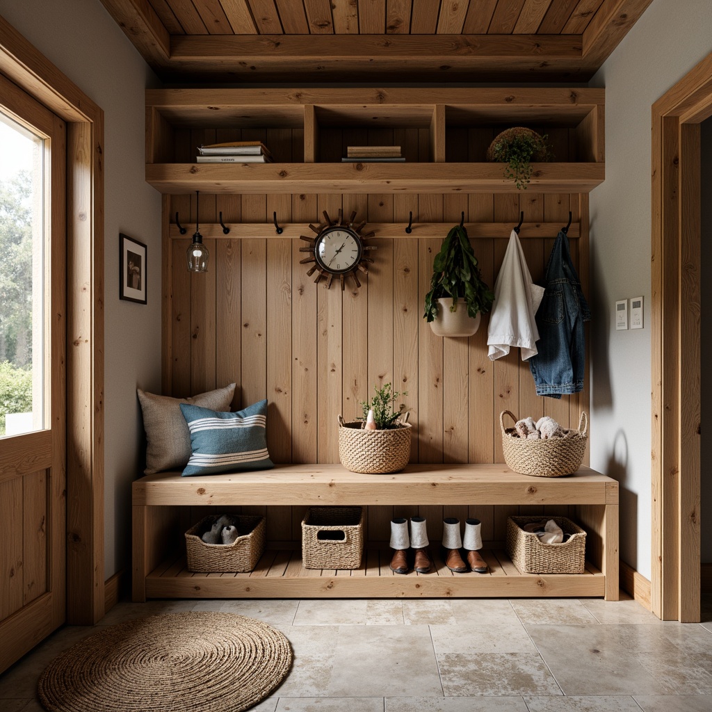 Prompt: Cozy mudroom, rustic wooden accents, natural stone flooring, earthy tones, warm lighting, functional storage benches, durable water-resistant materials, non-slip surfaces, easy-to-clean textures, industrial-style metal decorations, distressed wood finishes, woven textiles, organic color palette, nature-inspired patterns, soft area rugs, 1/1 composition, shallow depth of field, realistic reflections.