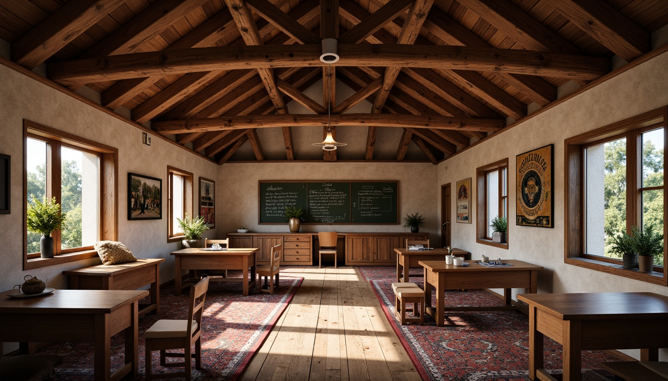 Prompt: Rustic wooden accents, natural stone walls, earthy color palette, traditional schoolhouse design, pitched roofs, dormer windows, cozy reading nooks, plush area rugs, wooden desks, chalkboard walls, vintage educational posters, warm soft lighting, shallow depth of field, 1/2 composition, panoramic view, realistic textures, ambient occlusion.