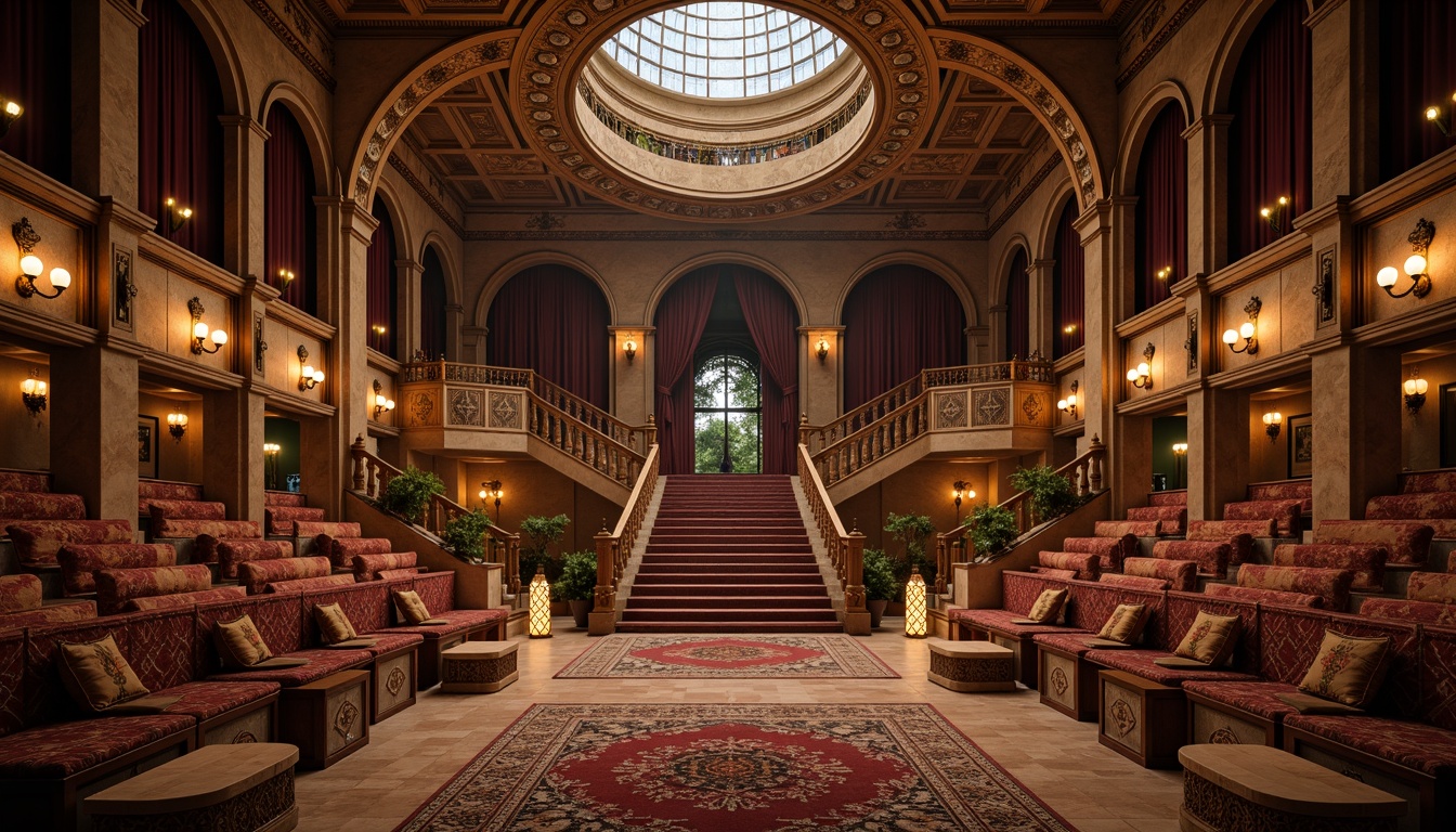 Prompt: Majestic amphitheater, Gothic arches, stone columns, grand staircase, ornate carvings, rich velvet drapes, luxurious seating, plush cushions, intricate wooden patterns, mystical lanterns, warm golden lighting, shallow depth of field, 1/2 composition, symmetrical balance, realistic textures, ambient occlusion.