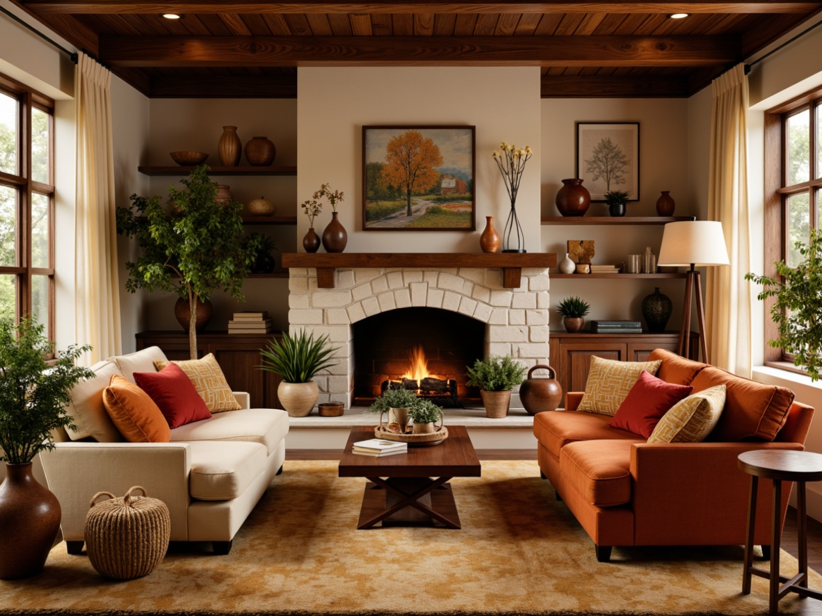 Prompt: Cozy living room, warm beige walls, rich walnut wood furniture, plush golden carpets, comfortable velvet sofas, soft cream-colored cushions, natural stone fireplace, warm lighting, table lamps, floor lamps, earthy terracotta vases, vibrant greenery, lush potted plants, autumn-inspired color scheme, burnt orange accents, deep crimson hues, soft peach tones, inviting atmosphere, relaxing ambiance, 1/1 composition, intimate close-up shots, shallow depth of field, warm and cozy lighting.